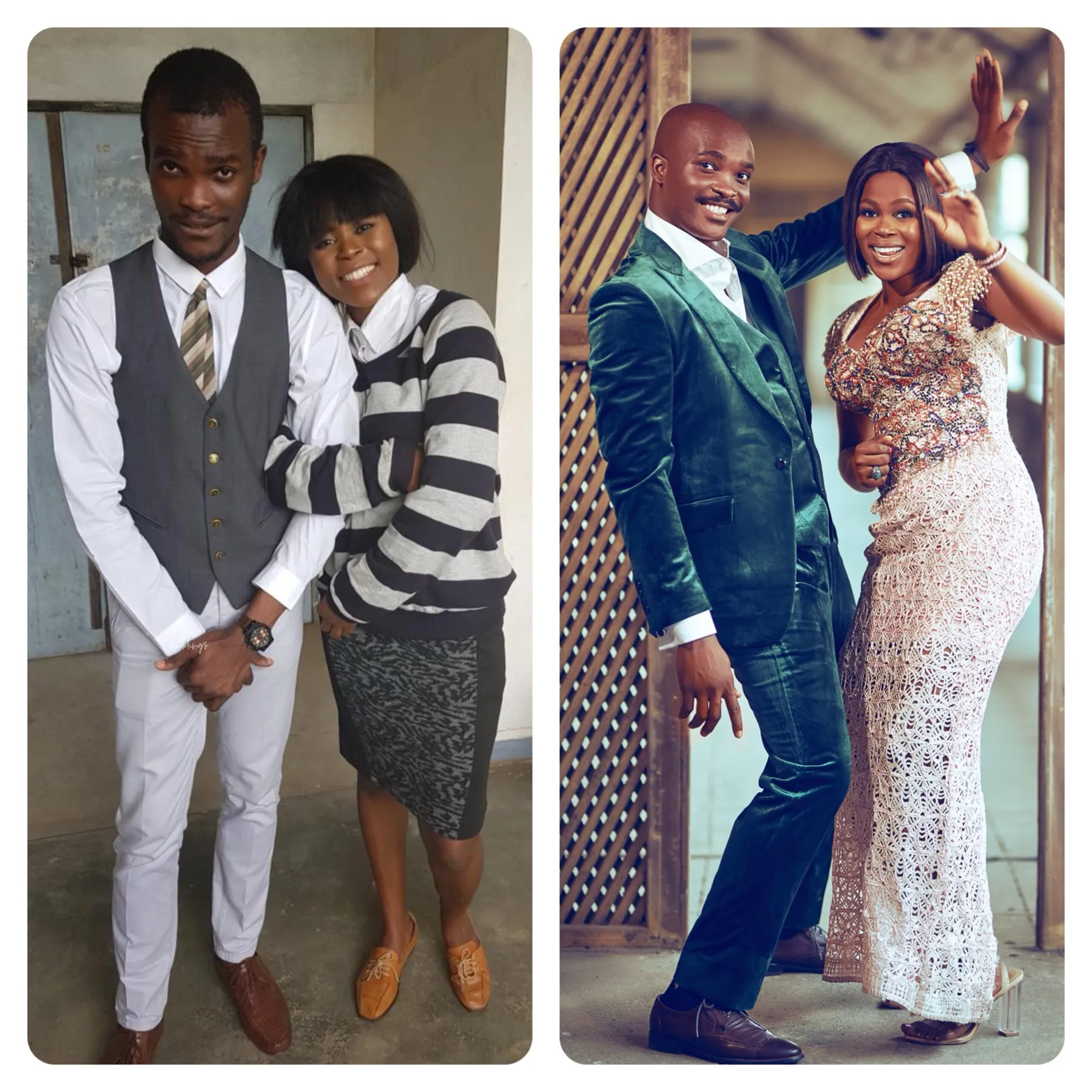 Aminat in a lace gown with Ibukun in green velvet