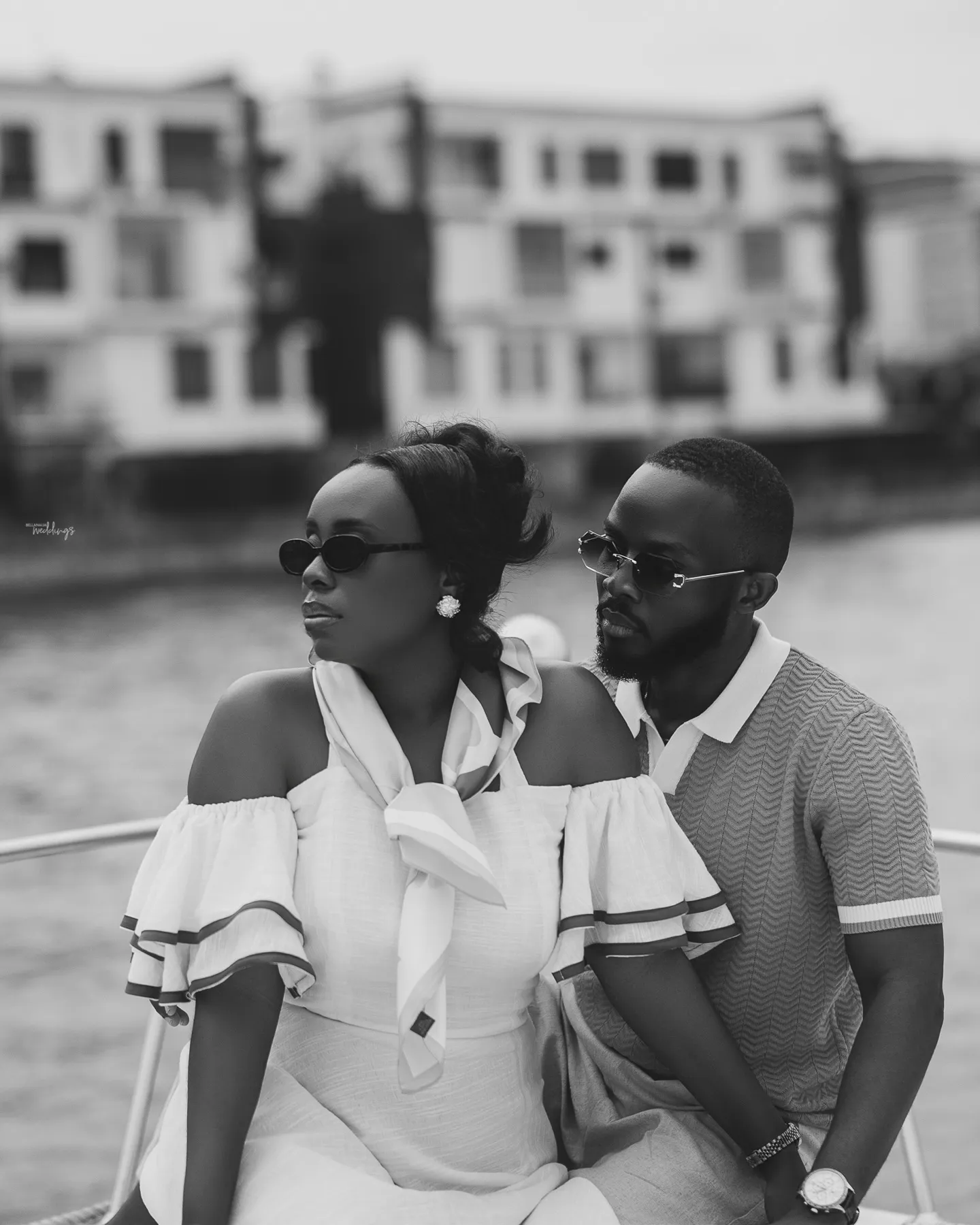 Black and white portrait of the couple on the boat